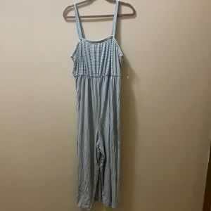 Blue and white striped long leg romper
